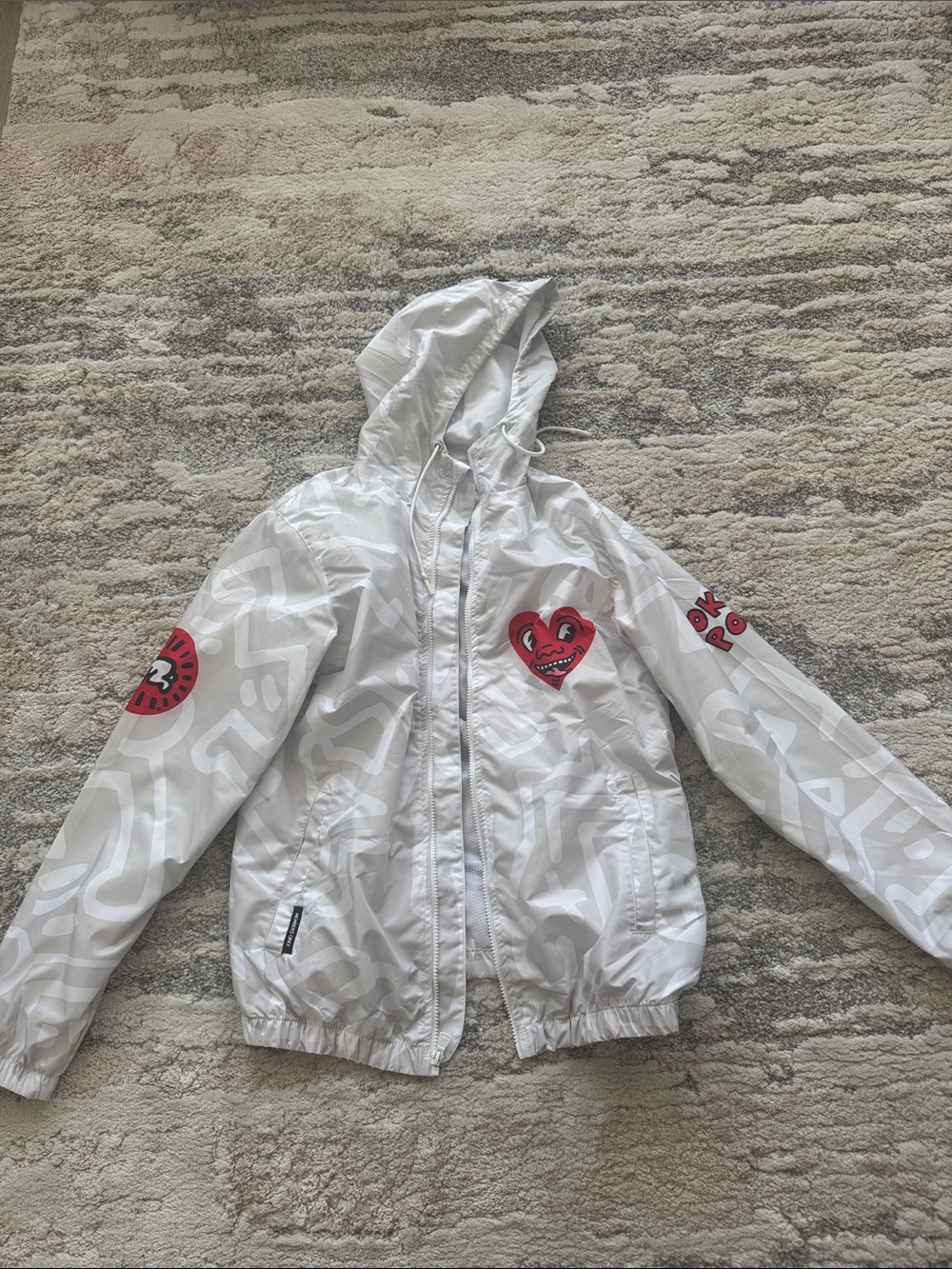 Members Only White Hooded Jacket with Red Heart Patch